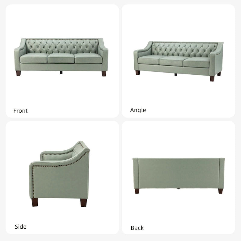 Canapé Mateo de style transitionnel, 209 cm de large, en cuir véritable, avec garniture cloutée et dossier capitonné.