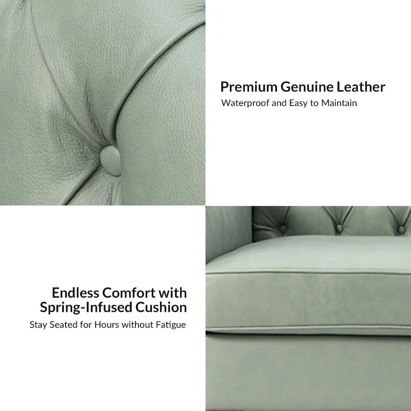 Canapé Mateo de style transitionnel, 209 cm de large, en cuir véritable, avec garniture cloutée et dossier capitonné.