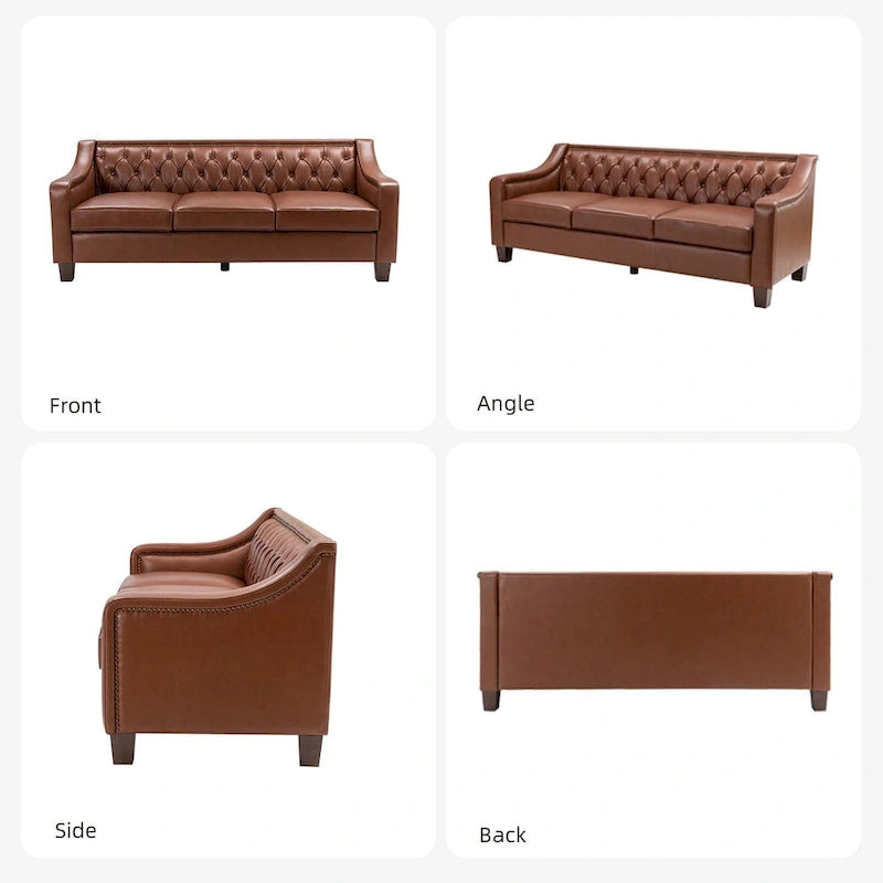 Canapé Mateo de style transitionnel, 209 cm de large, en cuir véritable, avec garniture cloutée et dossier capitonné.