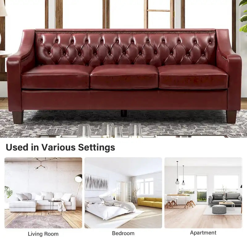 Canapé Mateo de style transitionnel, 209 cm de large, en cuir véritable, avec garniture cloutée et dossier capitonné.