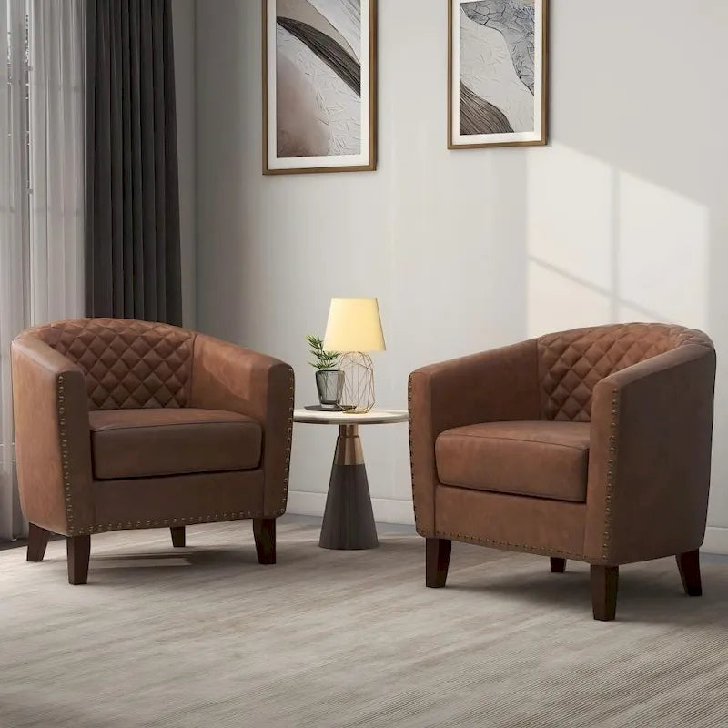 Ensemble de 2 fauteuils d'appoint tonneau en similicuir végétalien avec garniture cloutée