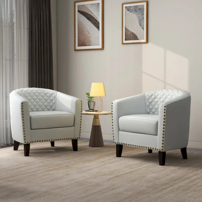 Ensemble de 2 fauteuils d'appoint tonneau en similicuir végétalien avec garniture cloutée