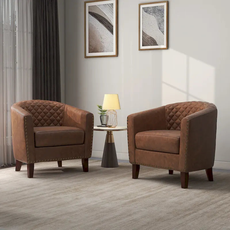 Ensemble de 2 fauteuils d'appoint tonneau en similicuir végétalien avec garniture cloutée