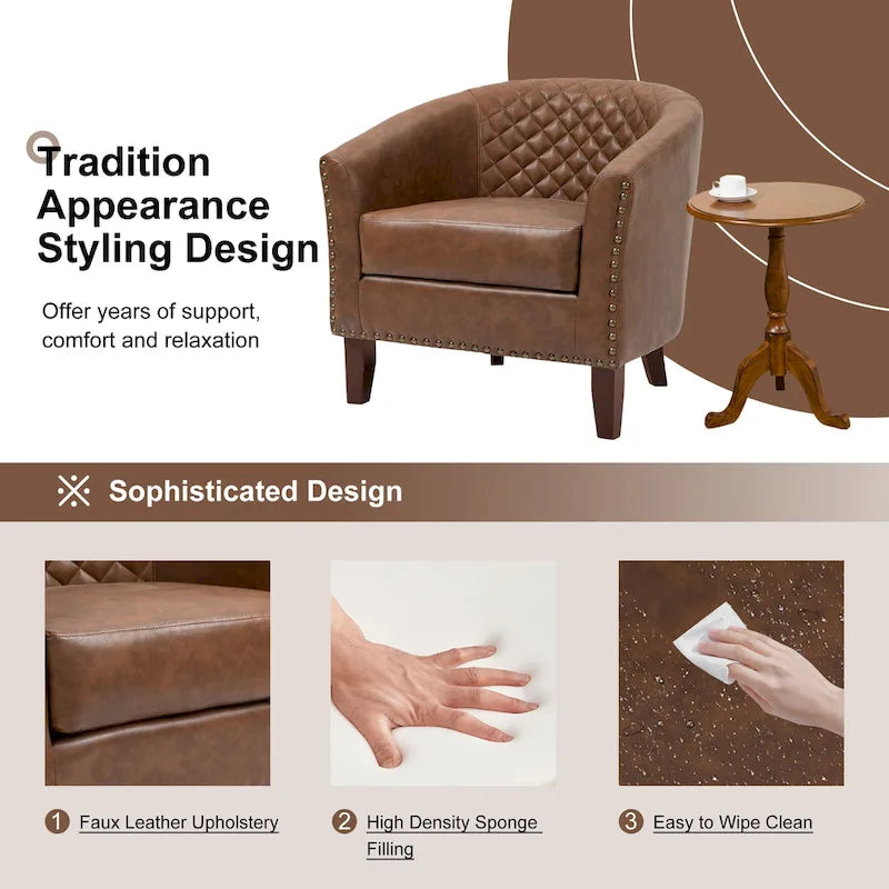 Ensemble de 2 fauteuils d'appoint tonneau en similicuir végétalien avec garniture cloutée