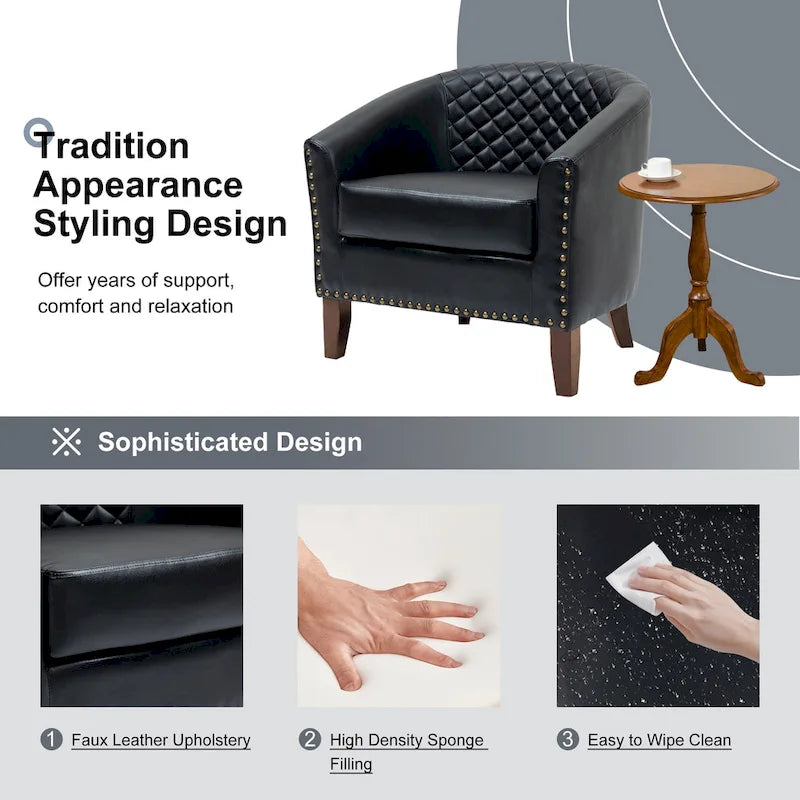 Ensemble de 2 fauteuils d'appoint tonneau en similicuir végétalien avec garniture cloutée