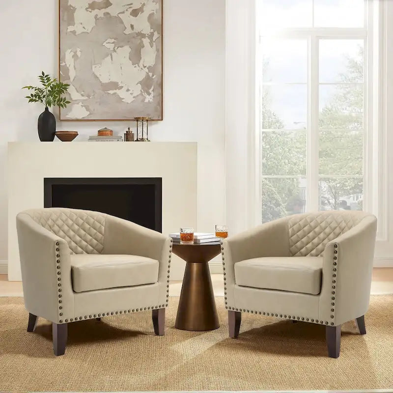 Ensemble de 2 fauteuils d'appoint tonneau en similicuir végétalien avec garniture cloutée