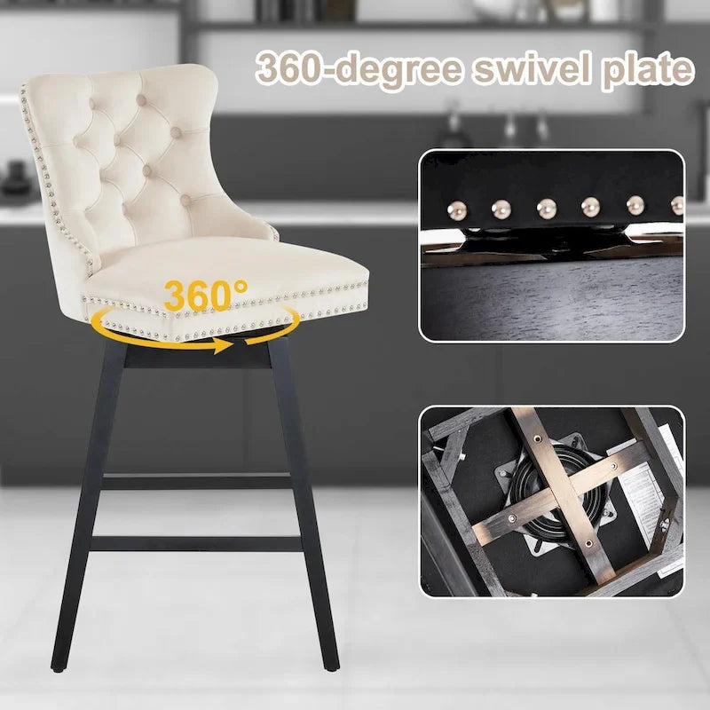 Tabourets de bar/tabourets de comptoir pivotants en velours et bois avec dossier, 26/29 pouces