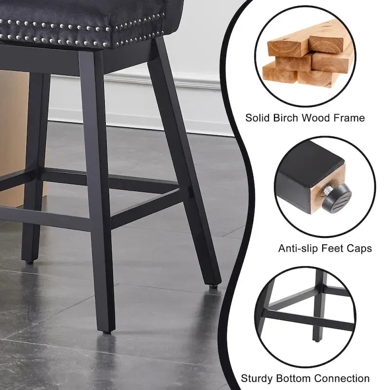 Tabourets de bar/tabourets de comptoir pivotants en velours et bois avec dossier, 26/29 pouces