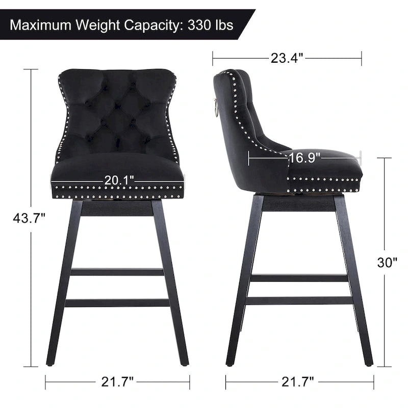 Tabourets de bar/tabourets de comptoir pivotants en velours et bois avec dossier, 26/29 pouces