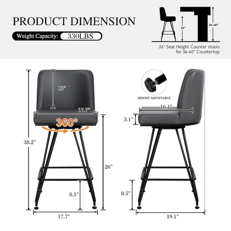 26 tabourets de bar pivotants en cuir/velours, hauteur comptoir - 38,2 cm (H) x 17,7 cm (L) x 19,1 cm (P)
