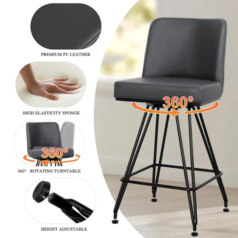26 tabourets de bar pivotants en cuir/velours, hauteur comptoir - 38,2 cm (H) x 17,7 cm (L) x 19,1 cm (P)
