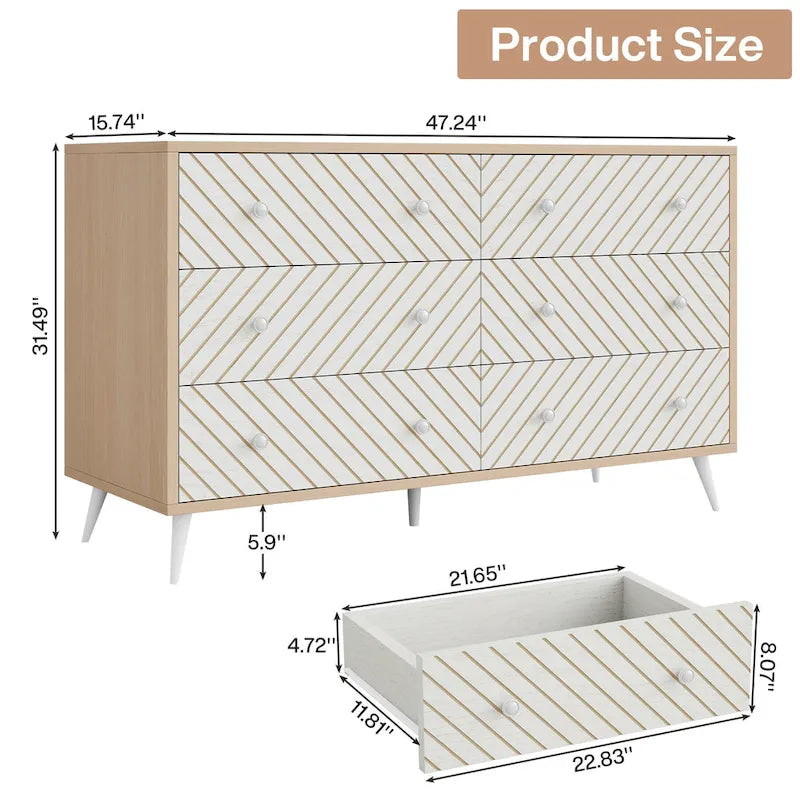Commode double à 6 tiroirs pour chambre à coucher, commode de 119 cm avec pieds en métal pour salon