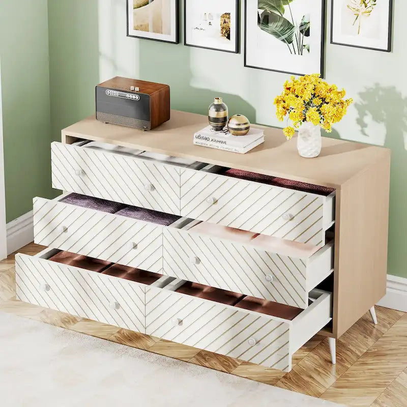 Commode double à 6 tiroirs pour chambre à coucher, commode de 119 cm avec pieds en métal pour salon