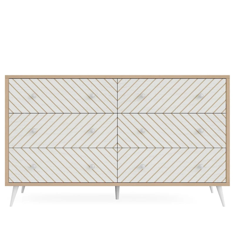 Commode double à 6 tiroirs pour chambre à coucher, commode de 119 cm avec pieds en métal pour salon