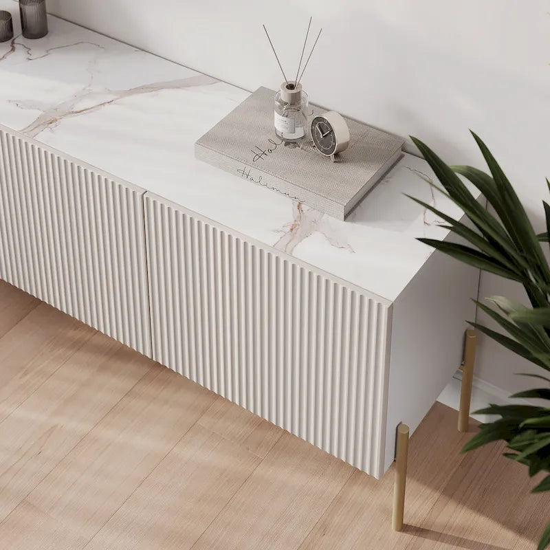 Meuble TV console Living Skog Selline beige, compatible avec les téléviseurs jusqu'à 65 pouces, pieds en métal, style Art déco