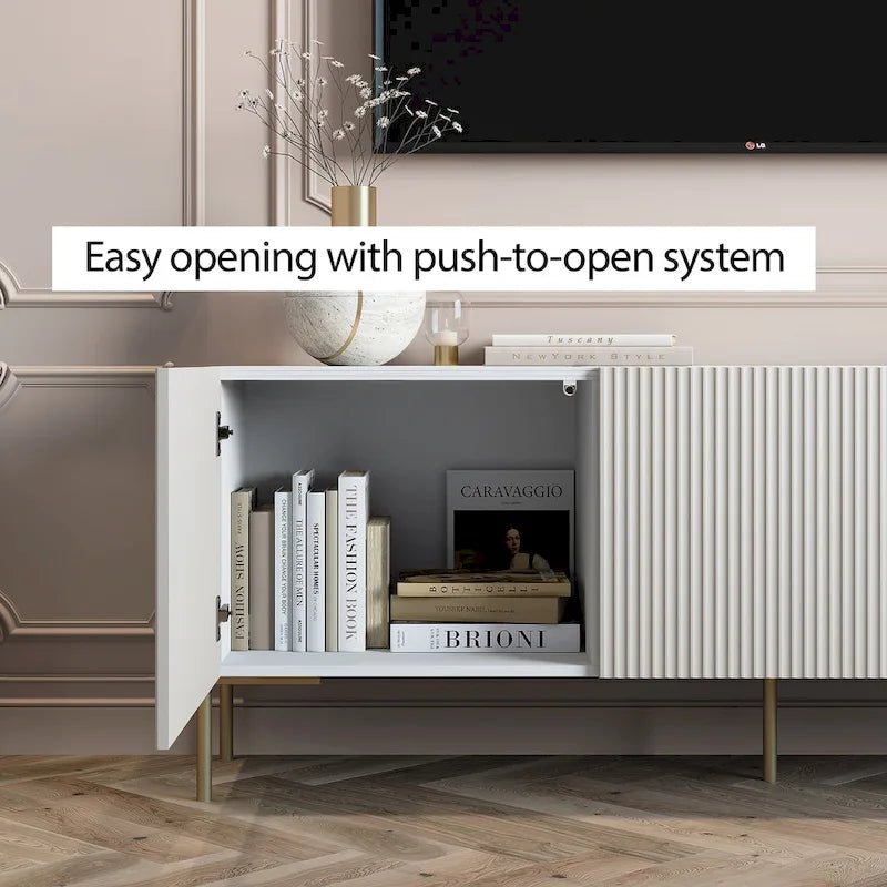 Meuble TV console Living Skog Selline beige, compatible avec les téléviseurs jusqu'à 65 pouces, pieds en métal, style Art déco