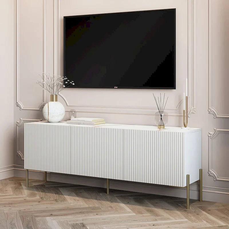 Meuble TV console Living Skog Selline beige, compatible avec les téléviseurs jusqu'à 65 pouces, pieds en métal, style Art déco
