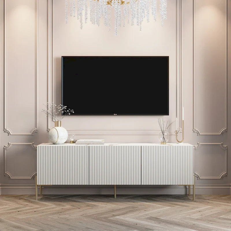 Meuble TV console Living Skog Selline beige, compatible avec les téléviseurs jusqu'à 65 pouces, pieds en métal, style Art déco