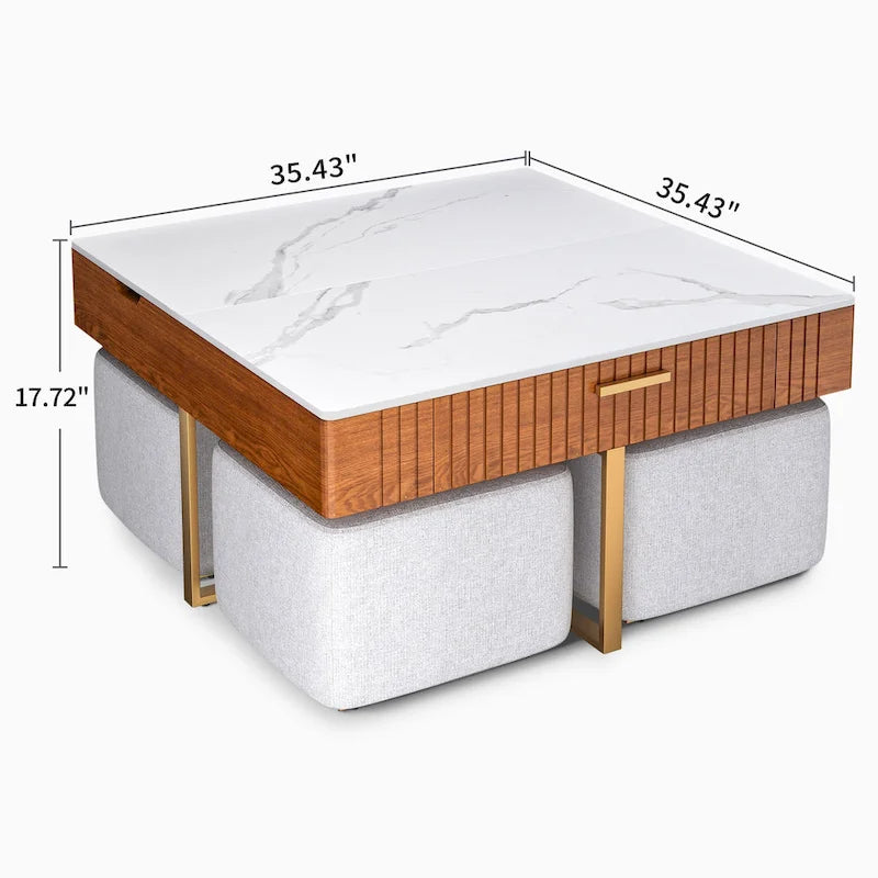 Table basse relevable avec rangement dissimulé et 4 poufs