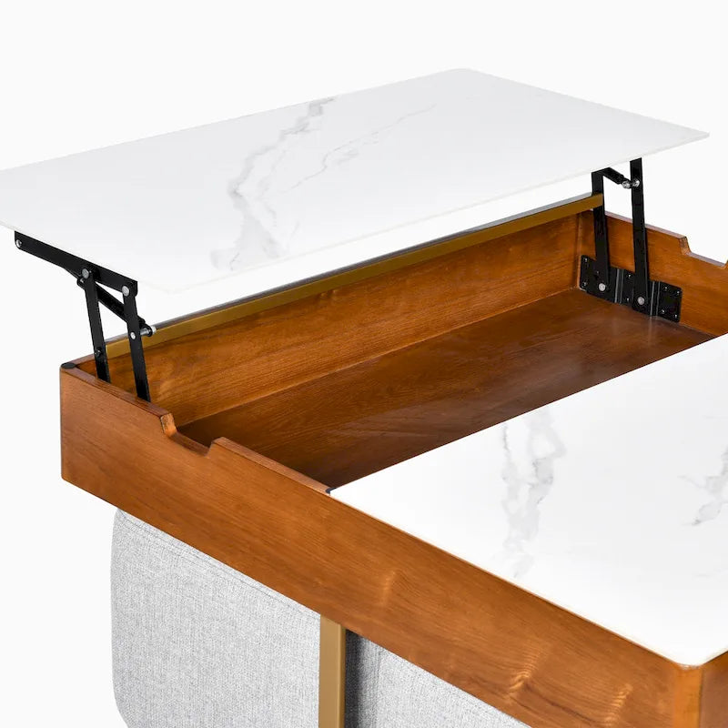 Table basse relevable avec rangement dissimulé et 4 poufs
