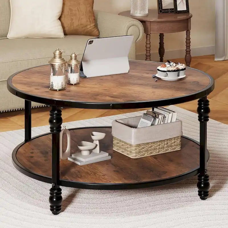 Table basse ronde rustique avec étagère de rangement
