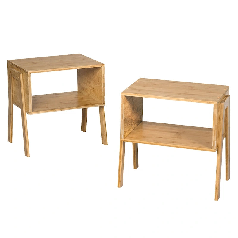 Ensemble de 2 tables de chevet empilables en bambou avec étagère de rangement