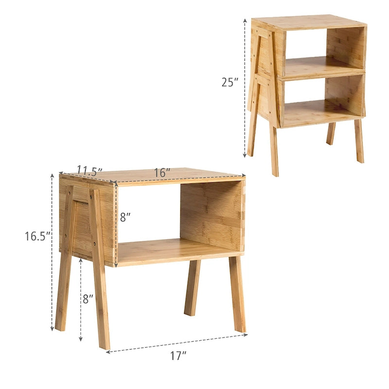 Ensemble de 2 tables de chevet empilables en bambou avec étagère de rangement