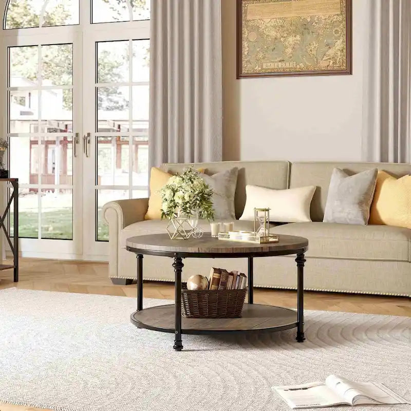 Table basse ronde en bois de 87 cm (34,2 po), avec étagère de rangement et pieds en métal.