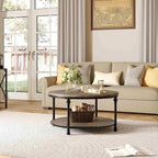 Table basse ronde en bois de 87 cm (34,2 po), avec étagère de rangement et pieds en métal.