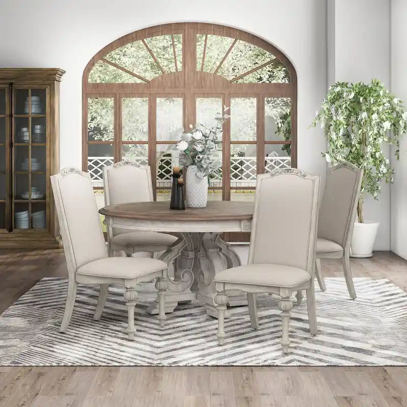 Ensemble de salle à manger rond 5 pièces en bois massif blanc Caelum Farmhouse par The Gray Barn