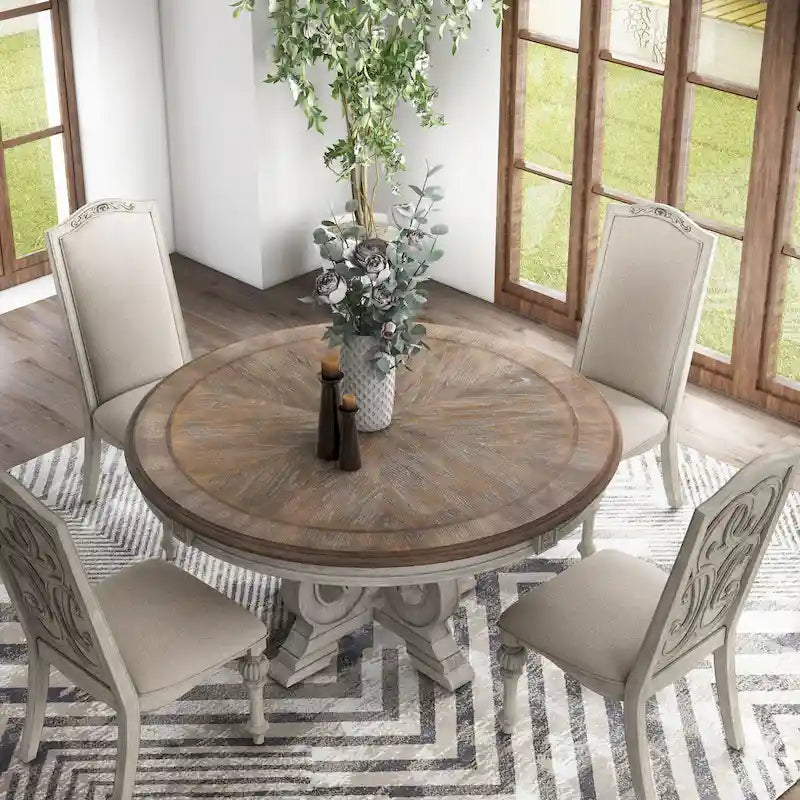 Ensemble de salle à manger rond 5 pièces en bois massif blanc Caelum Farmhouse par The Gray Barn