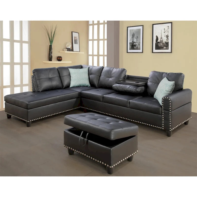 Faux Leather Sectional Sofa with Ottoman and 2 Pillows