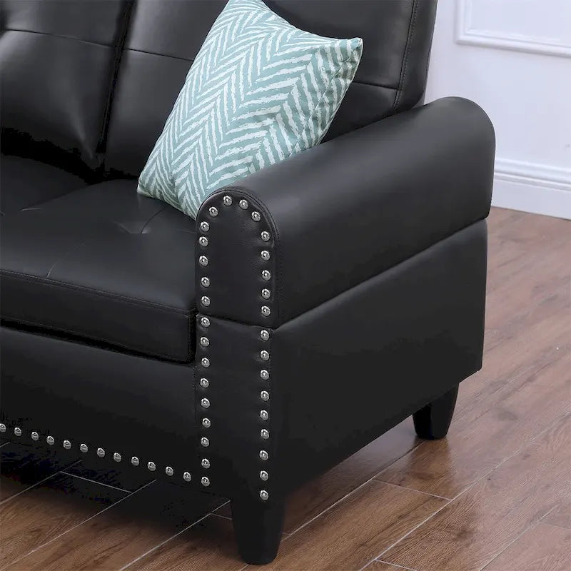 Canapé d'angle en similicuir avec pouf et 2 coussins