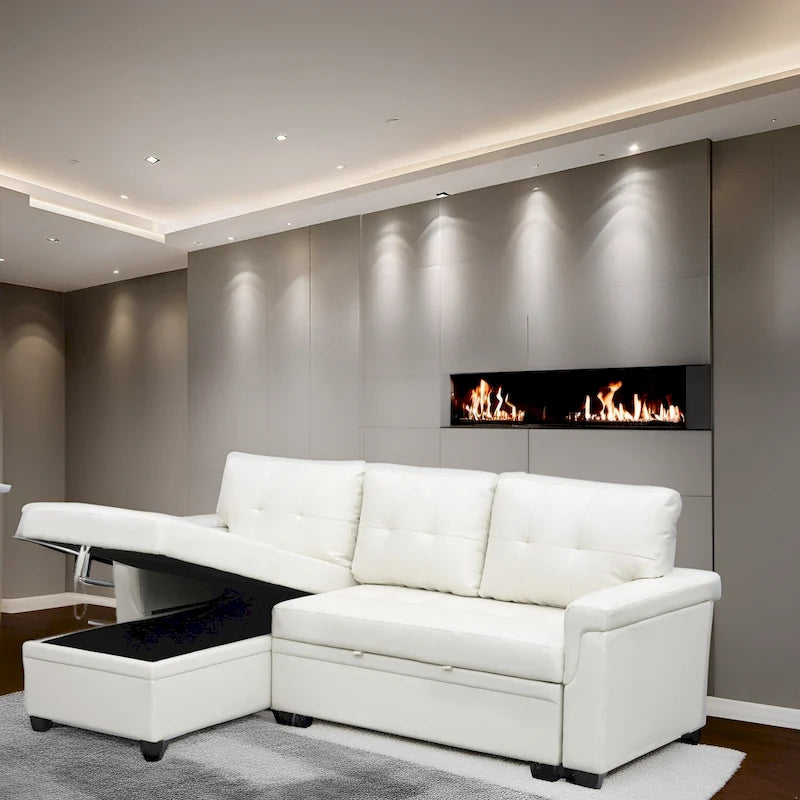 Canapé-lit d'angle convertible et réversible moderne - Forme en L avec méridienne de rangement, larges accoudoirs et pieds robustes