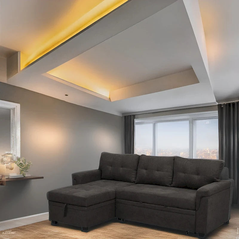 Canapé-lit d'angle convertible et réversible moderne - Forme en L avec méridienne de rangement, larges accoudoirs et pieds robustes