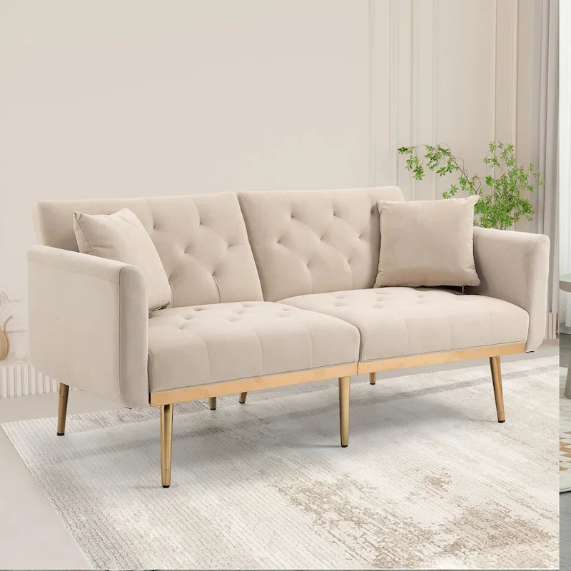Velvet Upholstered Minimalist Tufted Metal Foot Double Seat Sofa Bed for Living Room