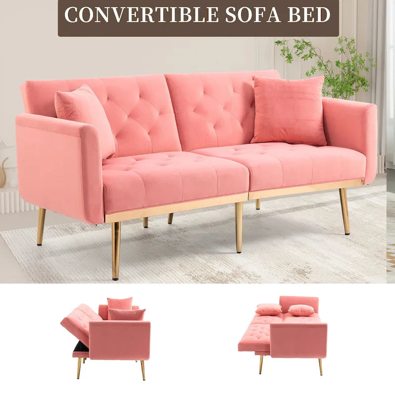 Canapé-lit deux places minimaliste en velours capitonné avec pieds en métal pour salon