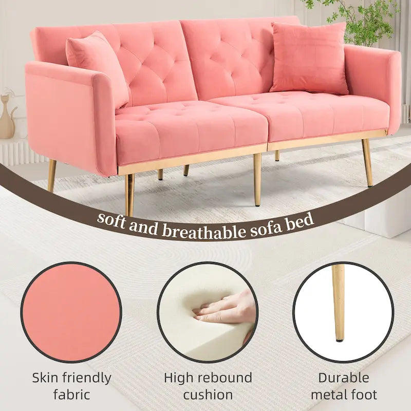 Canapé-lit deux places minimaliste en velours capitonné avec pieds en métal pour salon