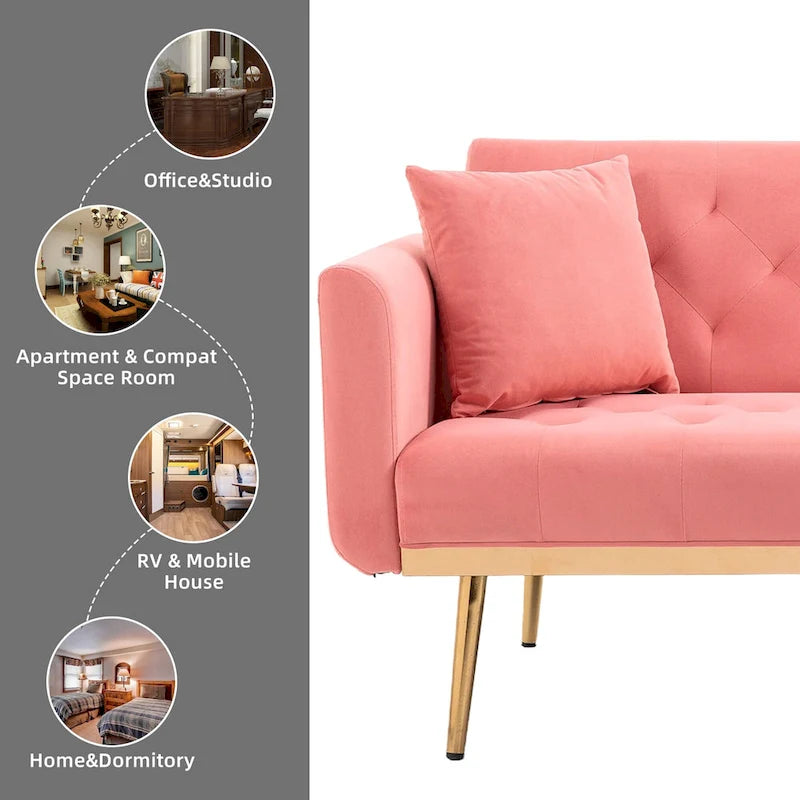 Canapé-lit deux places minimaliste en velours capitonné avec pieds en métal pour salon