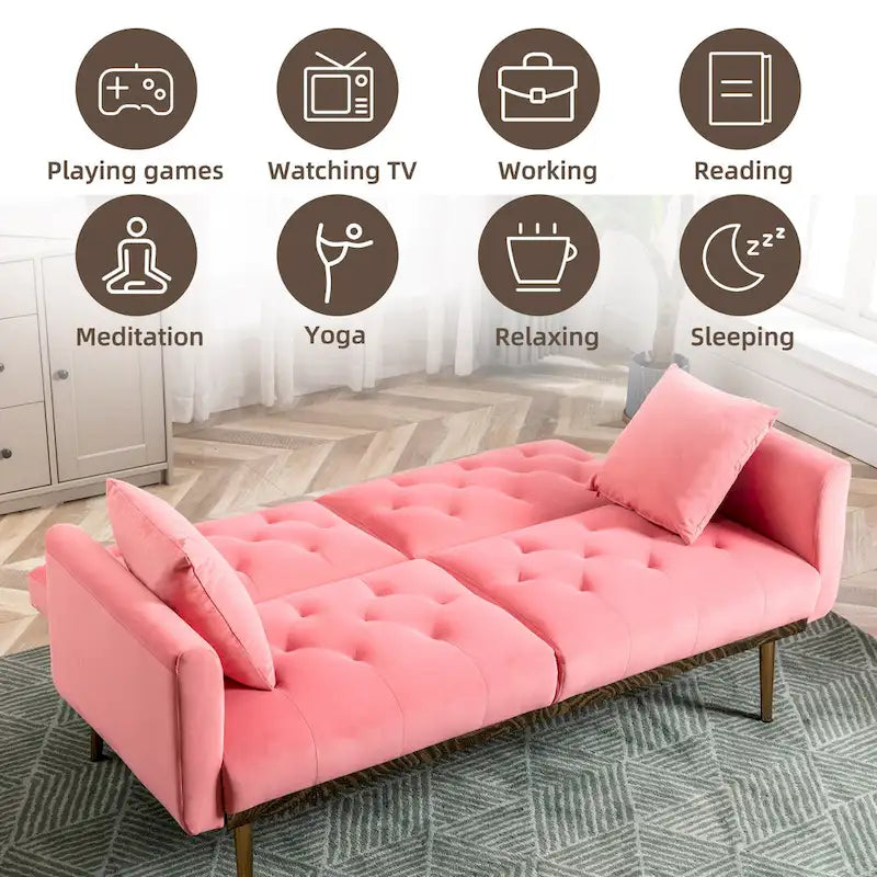 Canapé-lit deux places minimaliste en velours capitonné avec pieds en métal pour salon