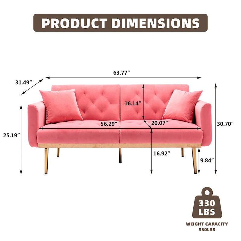 Canapé-lit deux places minimaliste en velours capitonné avec pieds en métal pour salon