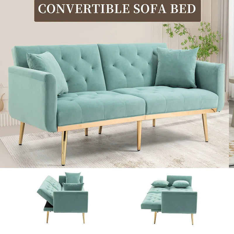 Canapé-lit deux places minimaliste en velours capitonné avec pieds en métal pour salon