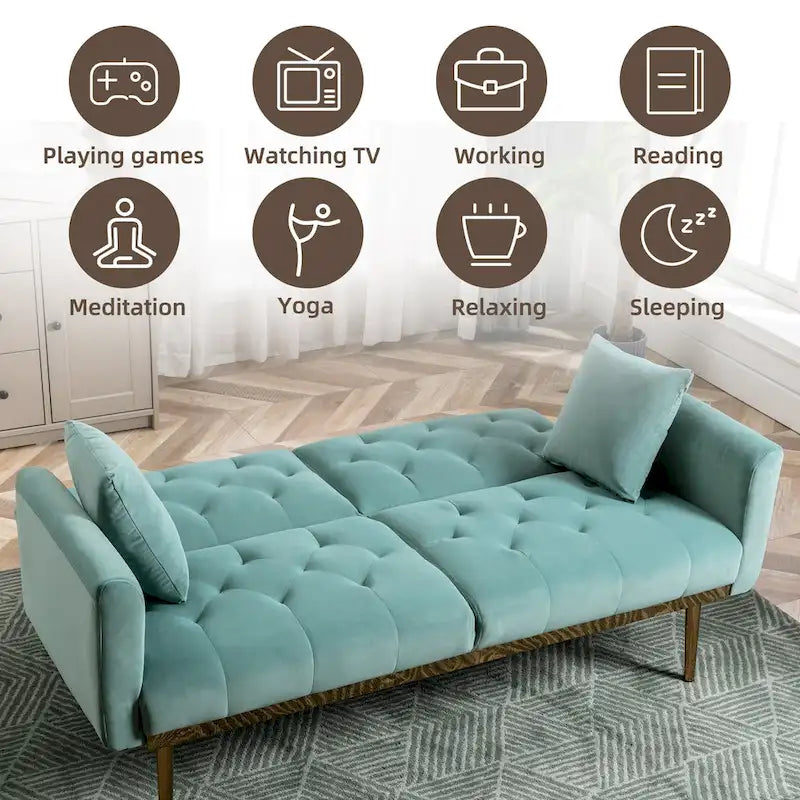 Canapé-lit deux places minimaliste en velours capitonné avec pieds en métal pour salon