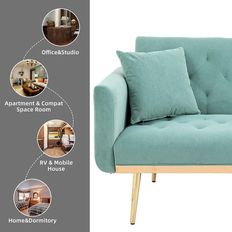 Canapé-lit deux places minimaliste en velours capitonné avec pieds en métal pour salon