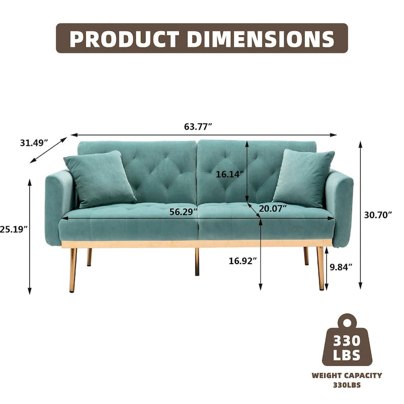 Canapé-lit deux places minimaliste en velours capitonné avec pieds en métal pour salon