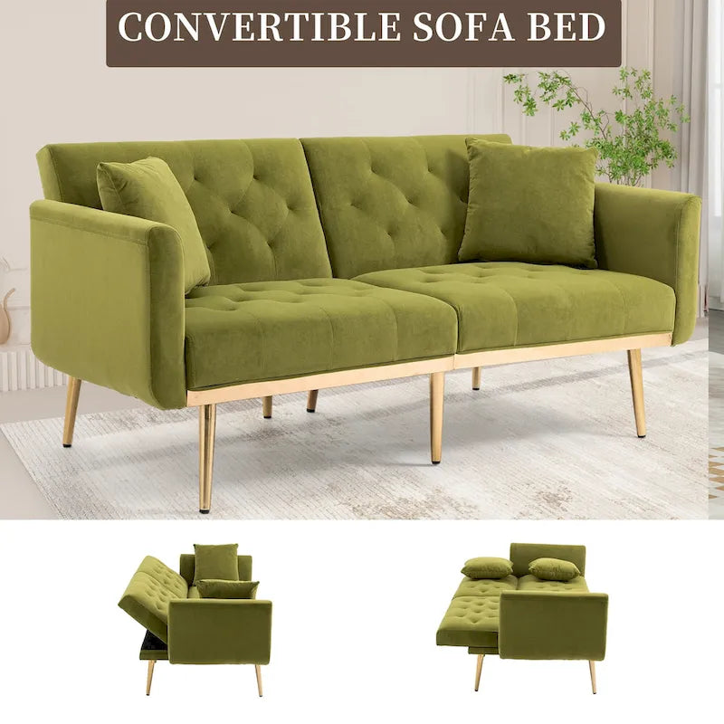 Canapé-lit deux places minimaliste en velours capitonné avec pieds en métal pour salon