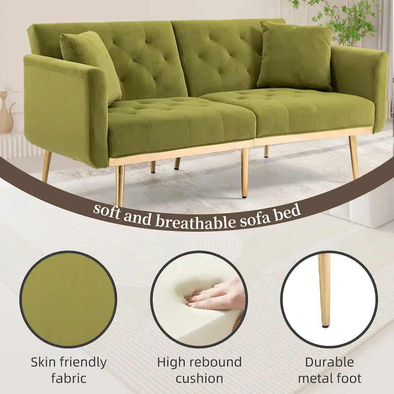 Canapé-lit deux places minimaliste en velours capitonné avec pieds en métal pour salon