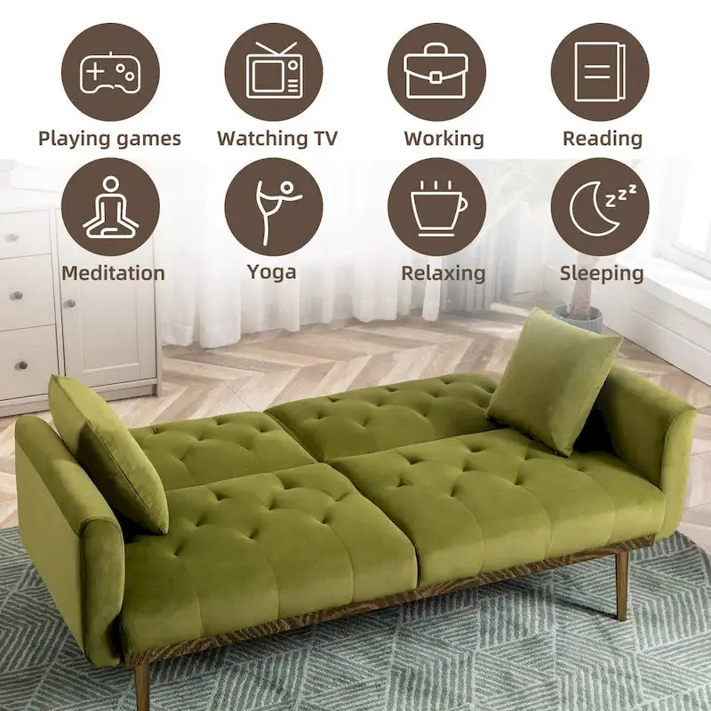Canapé-lit deux places minimaliste en velours capitonné avec pieds en métal pour salon
