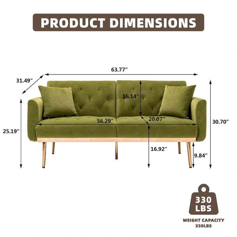 Canapé-lit deux places minimaliste en velours capitonné avec pieds en métal pour salon