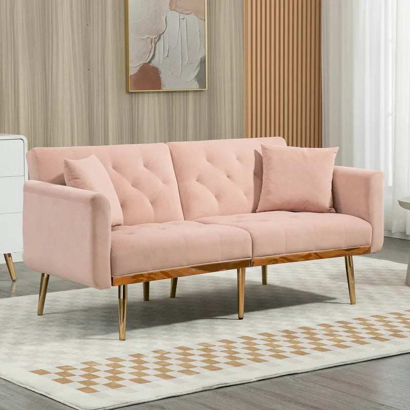 Canapé-lit deux places minimaliste en velours capitonné avec pieds en métal pour salon